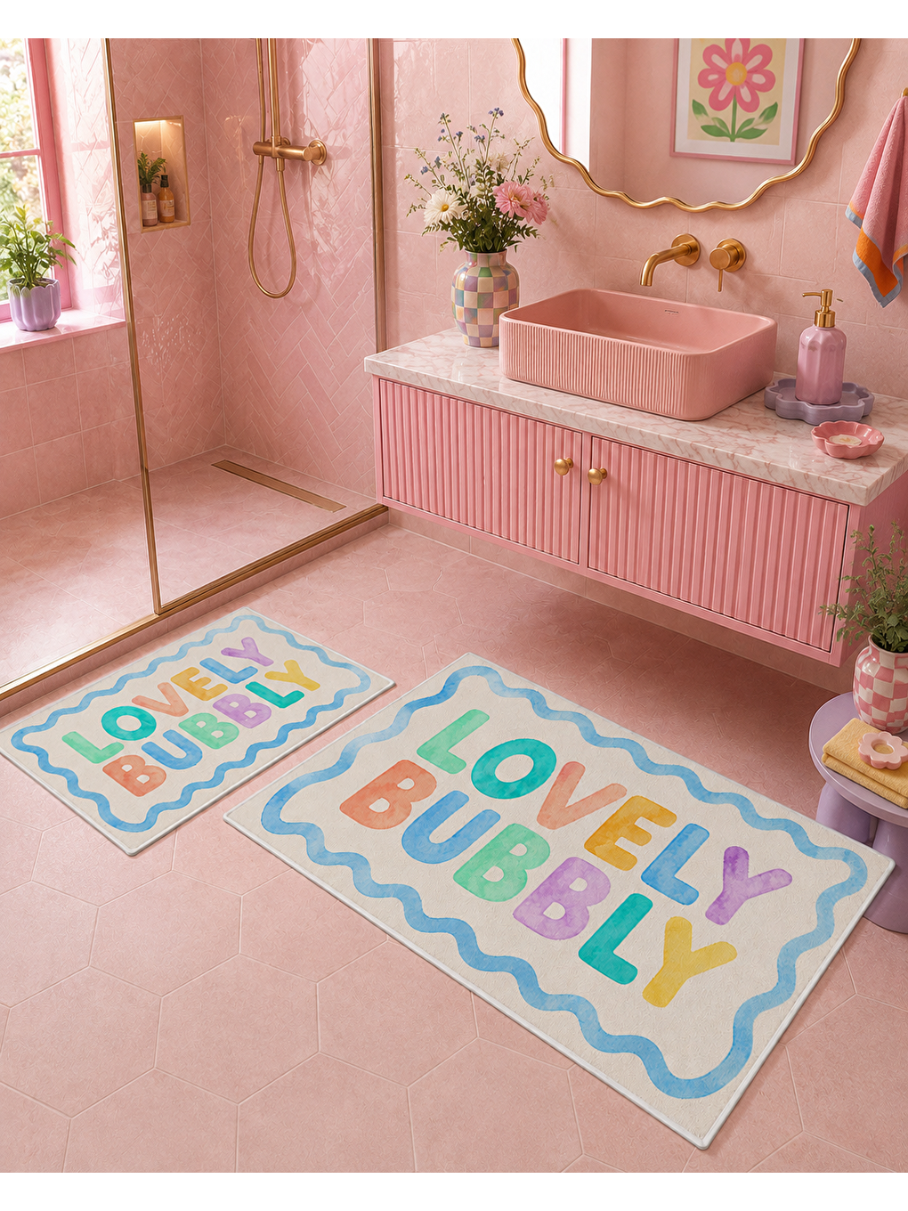 Karışık Lovely Bubble Yazılı Kaymaz Taban Banyo Paspası 2’li Set Renkli Modern Banyo Halısı-5