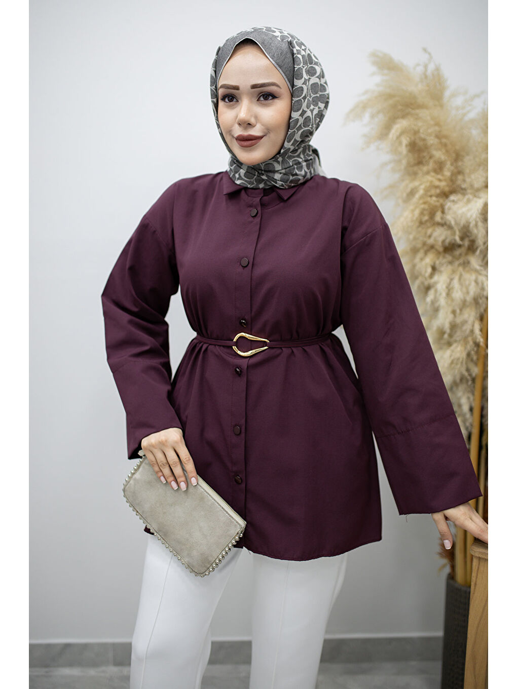 Kuşağı Gold Detaylı Gömlek TSD260162 Bordo-1