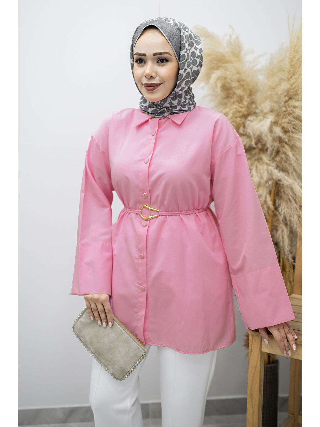 Kuşağı Gold Detaylı Gömlek TSD260162 Pembe-1