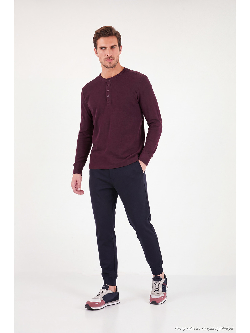 Kırmızı Pamuklu Regular Fit Düğmeli Bisiklet Yaka Sweat 5905852-1