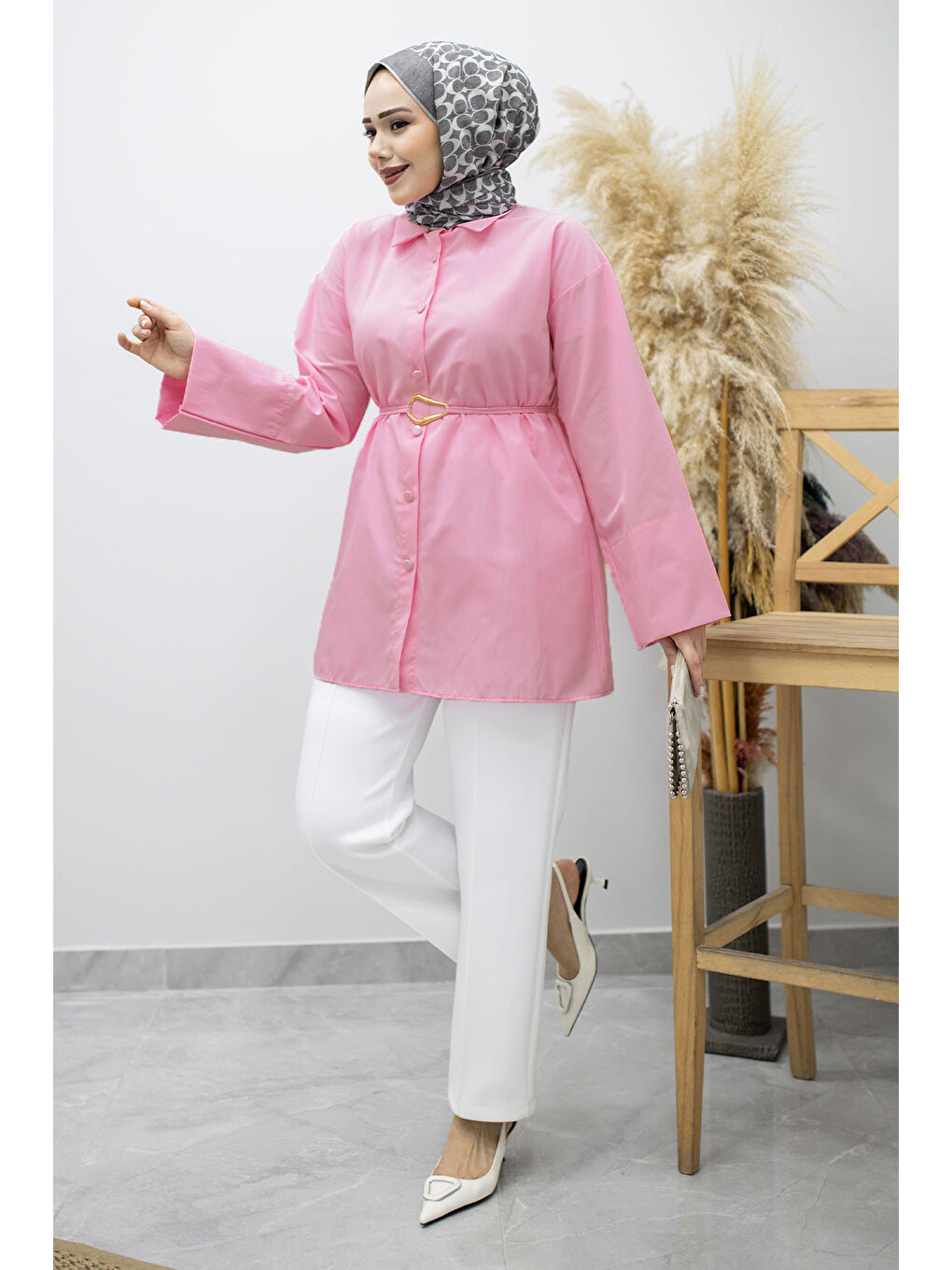 Kuşağı Gold Detaylı Gömlek TSD260162 Pembe-2