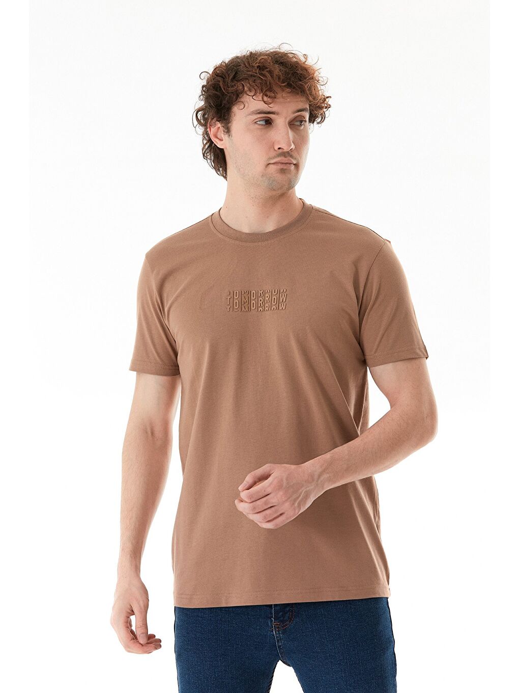 Kahverengi Tomorrow Baskılı Bisiklet Yaka Tişört-2