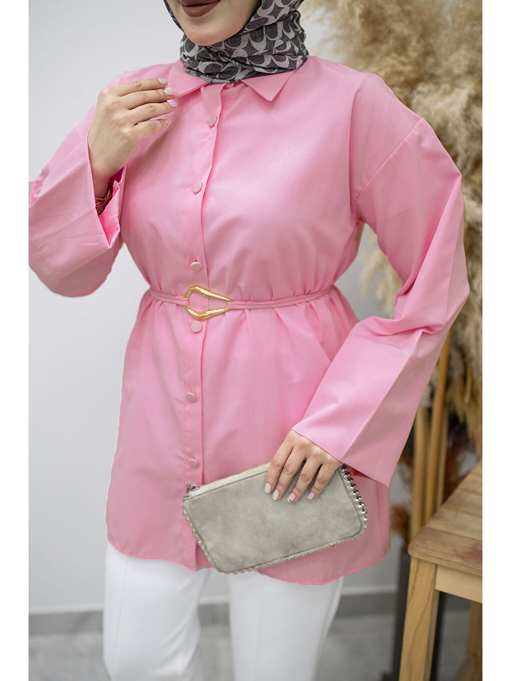 Kuşağı Gold Detaylı Gömlek TSD260162 Pembe-3