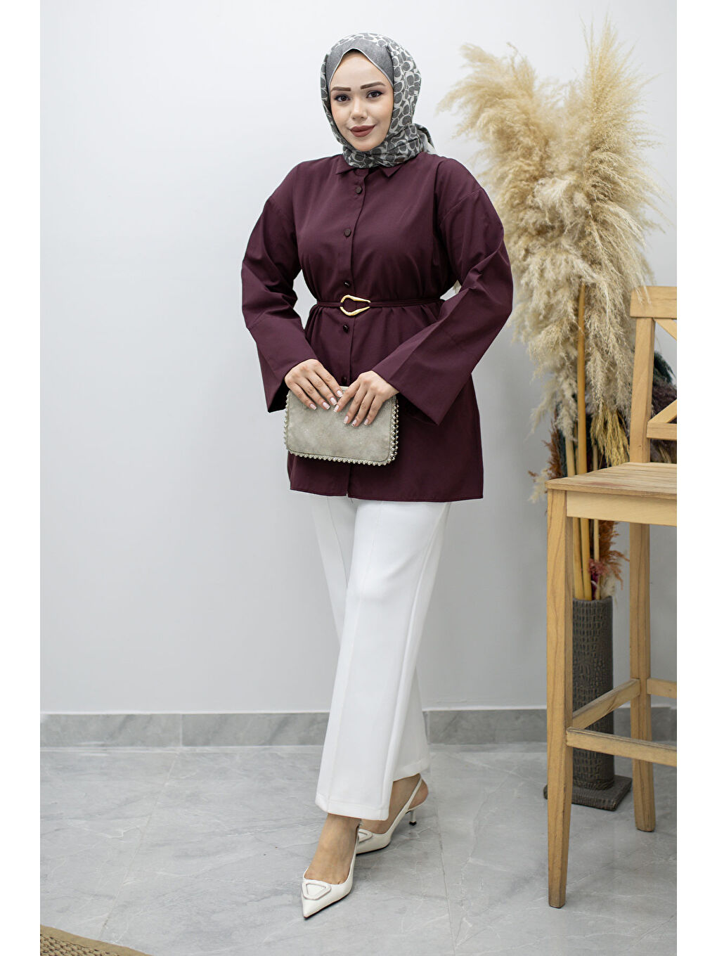 Kuşağı Gold Detaylı Gömlek TSD260162 Bordo-2