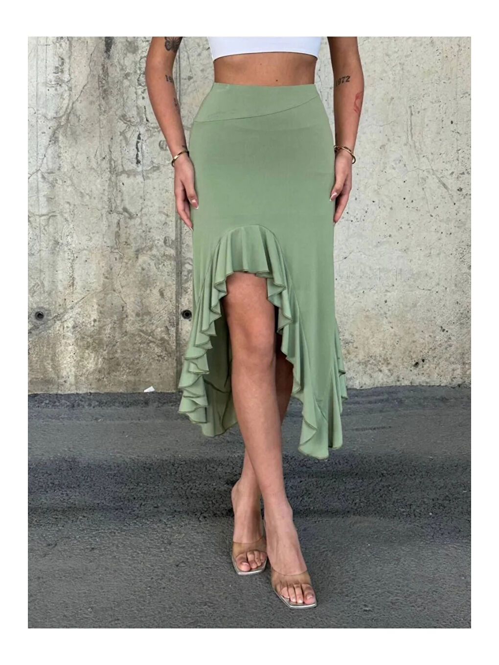 Kadın Yeşil Yüksel Bel Dalgıç Kumaş Asimetrik Kesim Etek HZL25S-ZK11701-1