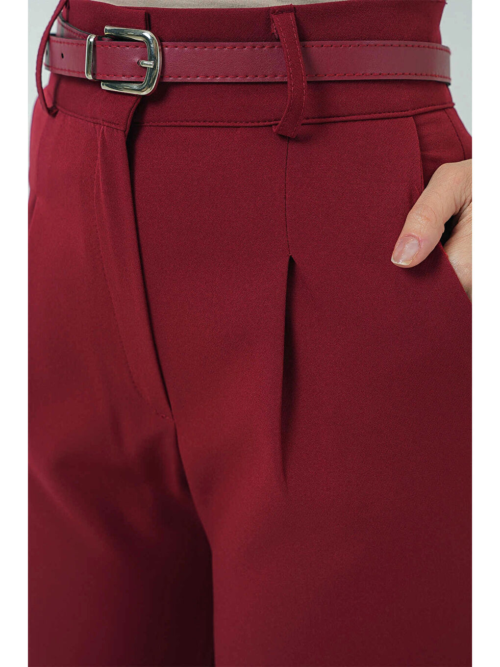 Kadın Bordo Yüksel Bel Kemerli Kumaş Pantolon HZL25S-BD167251-3