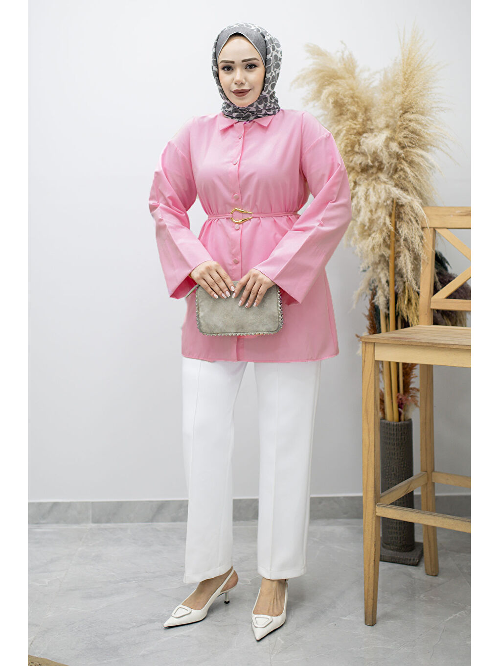 Kuşağı Gold Detaylı Gömlek TSD260162 Pembe-4