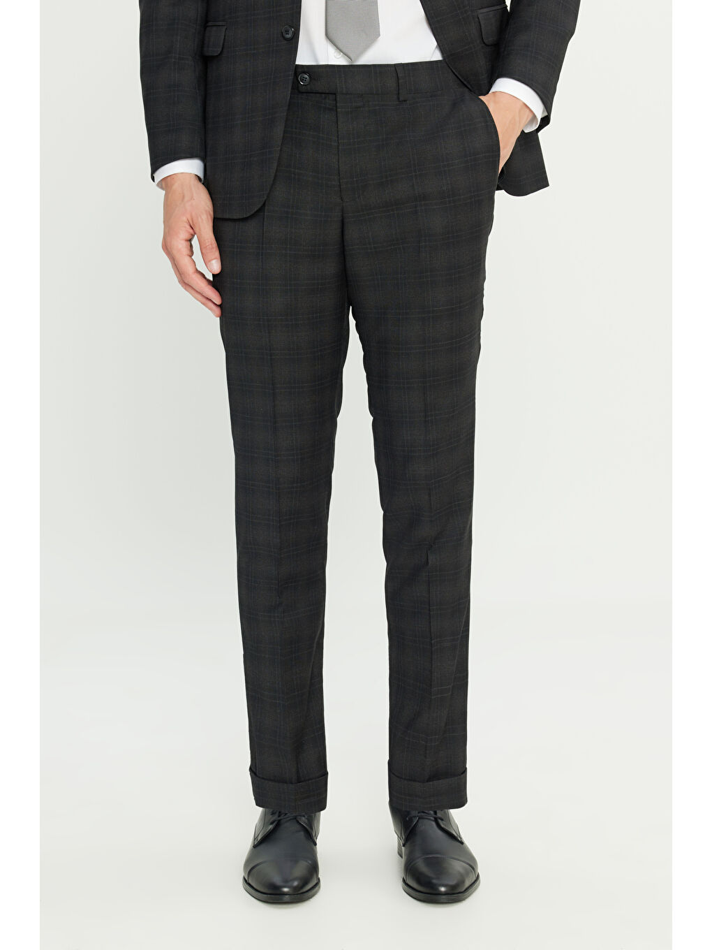 Erkek Siyah %100 Yün Slim Fit Dar Kesim Mono Yaka Kapak Cepli Kareli Takım Elbise-4