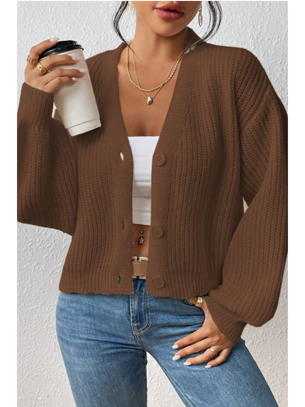 Kadın Kahverengi V Yaka  Uzun Kollu Düğmeli Triko Hırka
