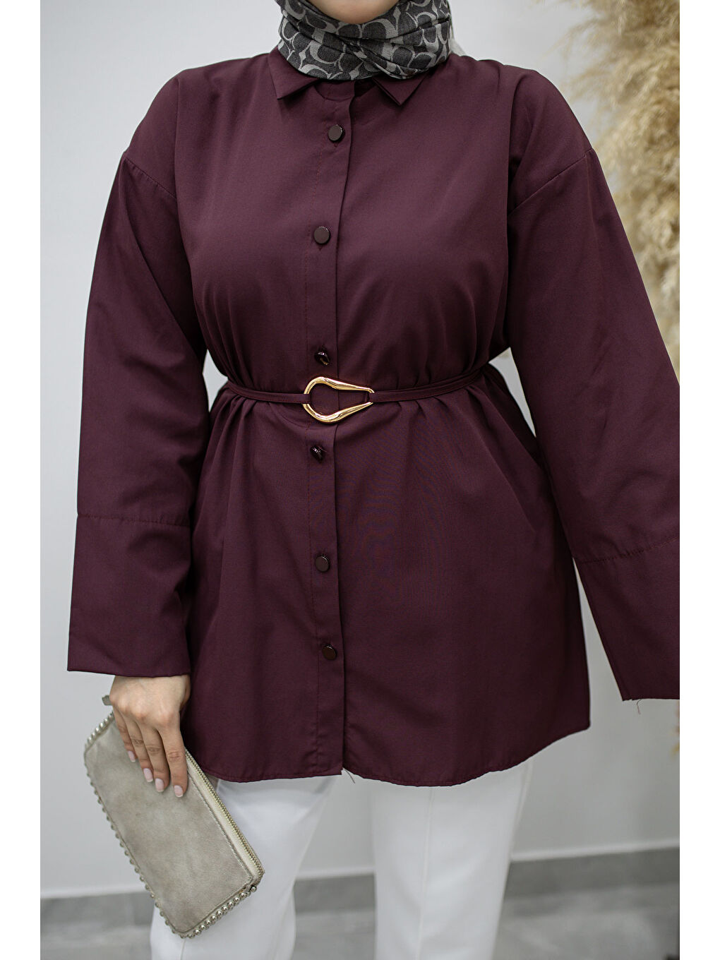 Kuşağı Gold Detaylı Gömlek TSD260162 Bordo-3