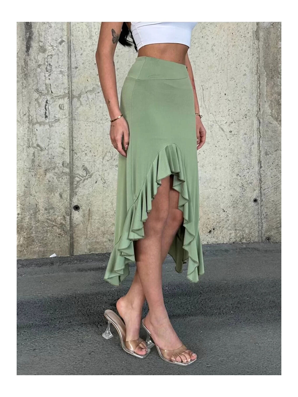 Kadın Yeşil Yüksel Bel Dalgıç Kumaş Asimetrik Kesim Etek HZL25S-ZK11701-2