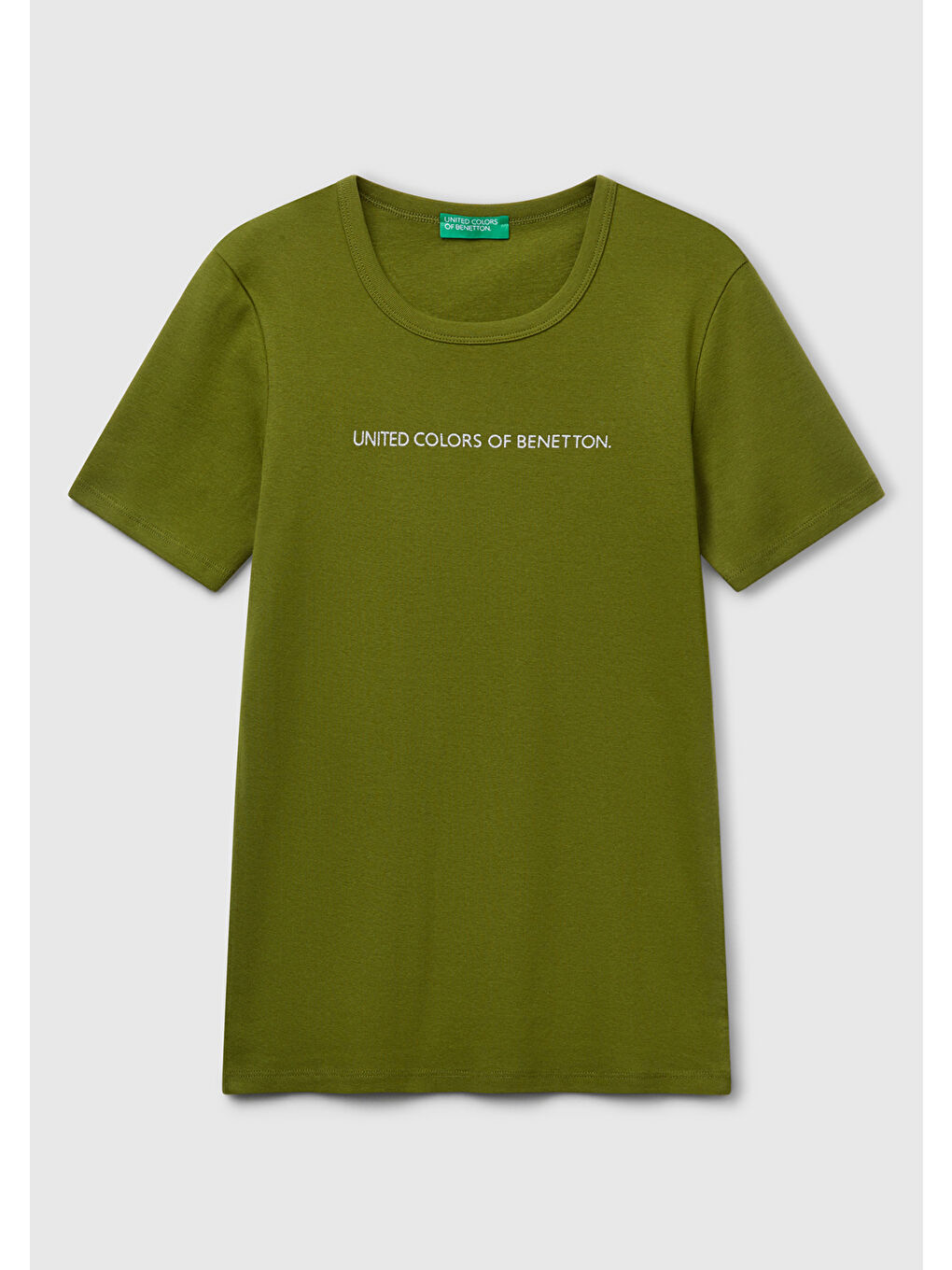 Kadın Haki Yeşili %100 Pamuk Benetton Yazılı Basic T-Shirt-1