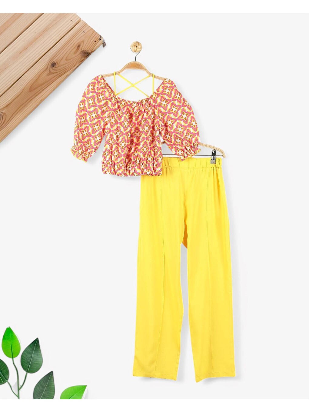 Sarı Kız Çocuk Yazlık Etnik Desen Bluzlu, Müslin Pantalonlu 6-7-8-9-10 Yaş Bol Paçalı Takım-1