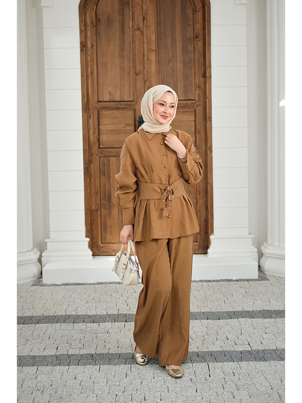 Sarı Kadın Beli Pile Detay İki Kemerli Gömlek Yaka Takım Hardal-1