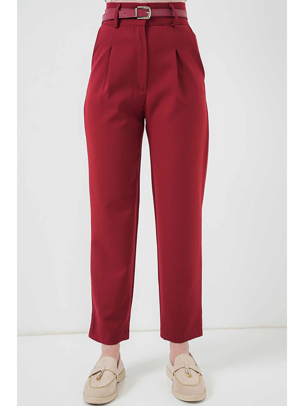 Kadın Bordo Yüksel Bel Kemerli Kumaş Pantolon HZL25S-BD167251-4