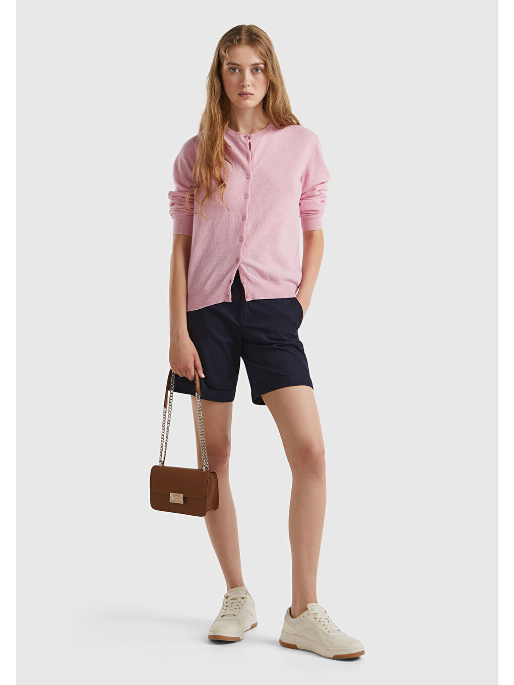 Kadın Açık Pembe %100 Merino Bisiklet Yaka Hırka-2