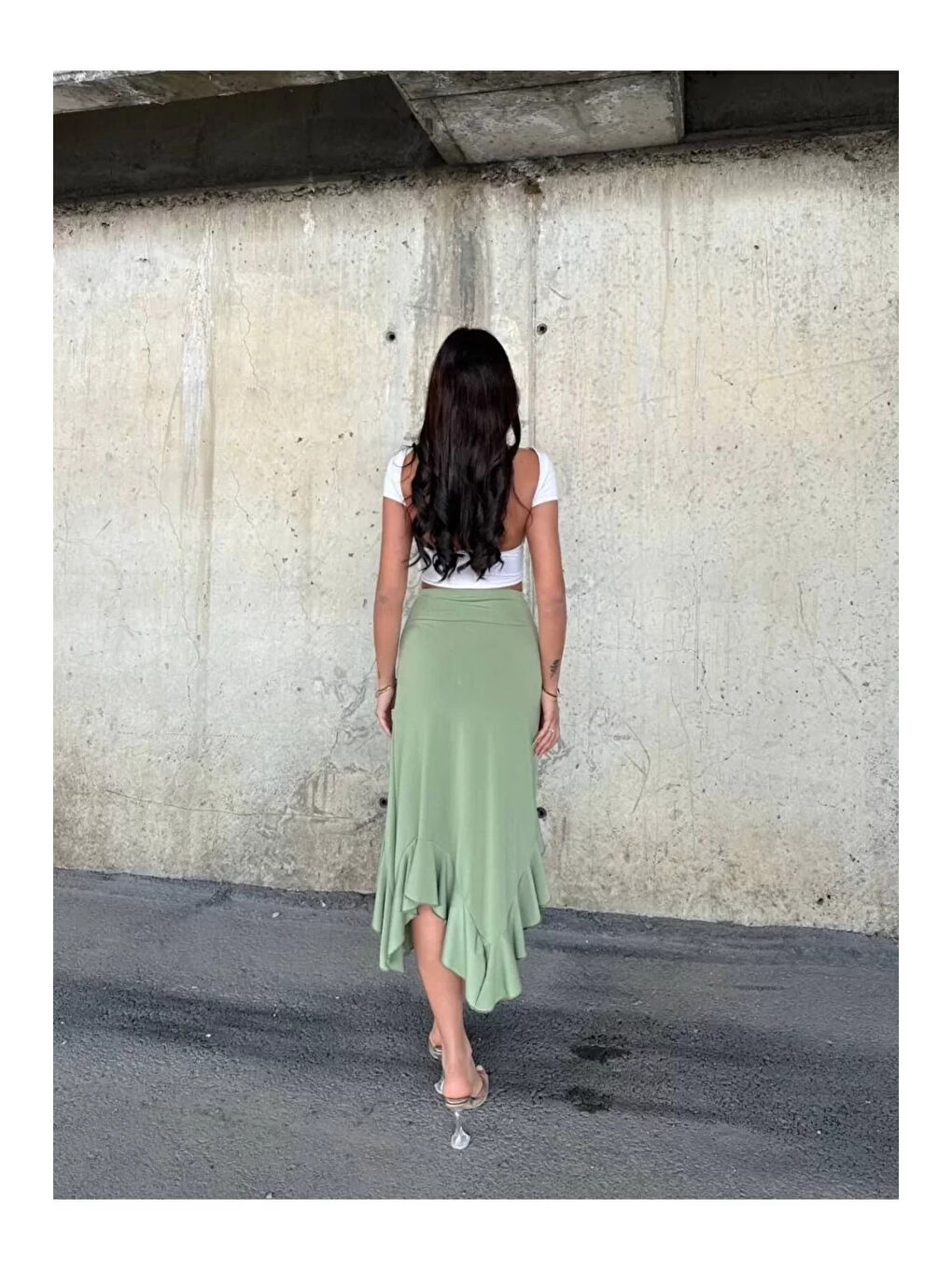 Kadın Yeşil Yüksel Bel Dalgıç Kumaş Asimetrik Kesim Etek HZL25S-ZK11701-3