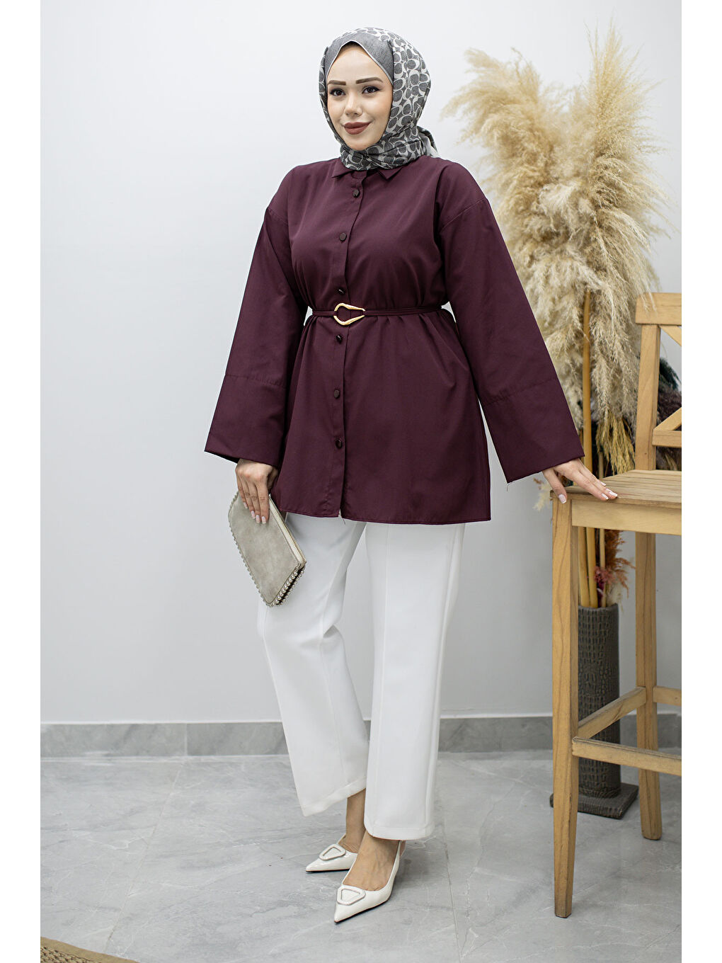 Kuşağı Gold Detaylı Gömlek TSD260162 Bordo-4