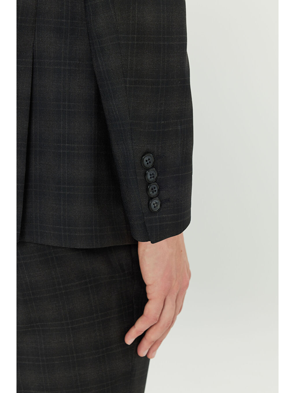 Erkek Siyah %100 Yün Slim Fit Dar Kesim Mono Yaka Kapak Cepli Kareli Takım Elbise-5