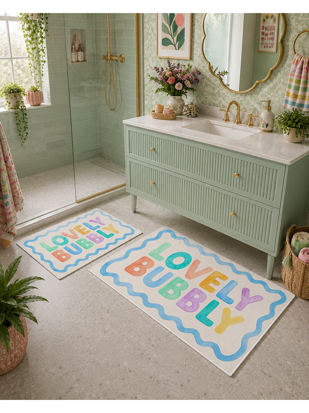 Karışık Lovely Bubble Yazılı Kaymaz Taban Banyo Paspası 2’li Set Renkli Modern Banyo Halısı-6
