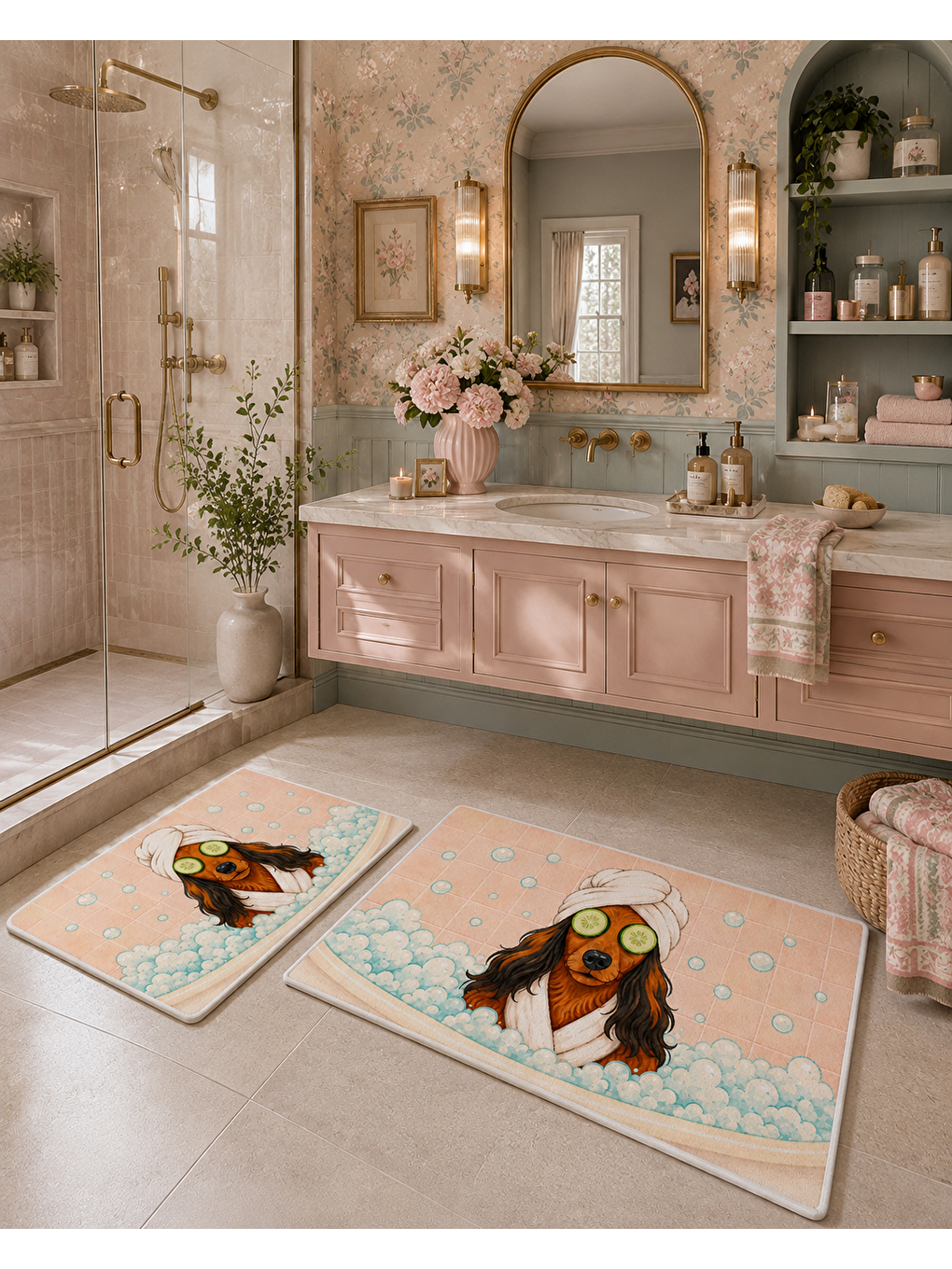 Karışık Pembe Köpek Desenli Kaymaz Taban Banyo Paspası 2’li Set Pastel Çocuk Banyo Halısı-5