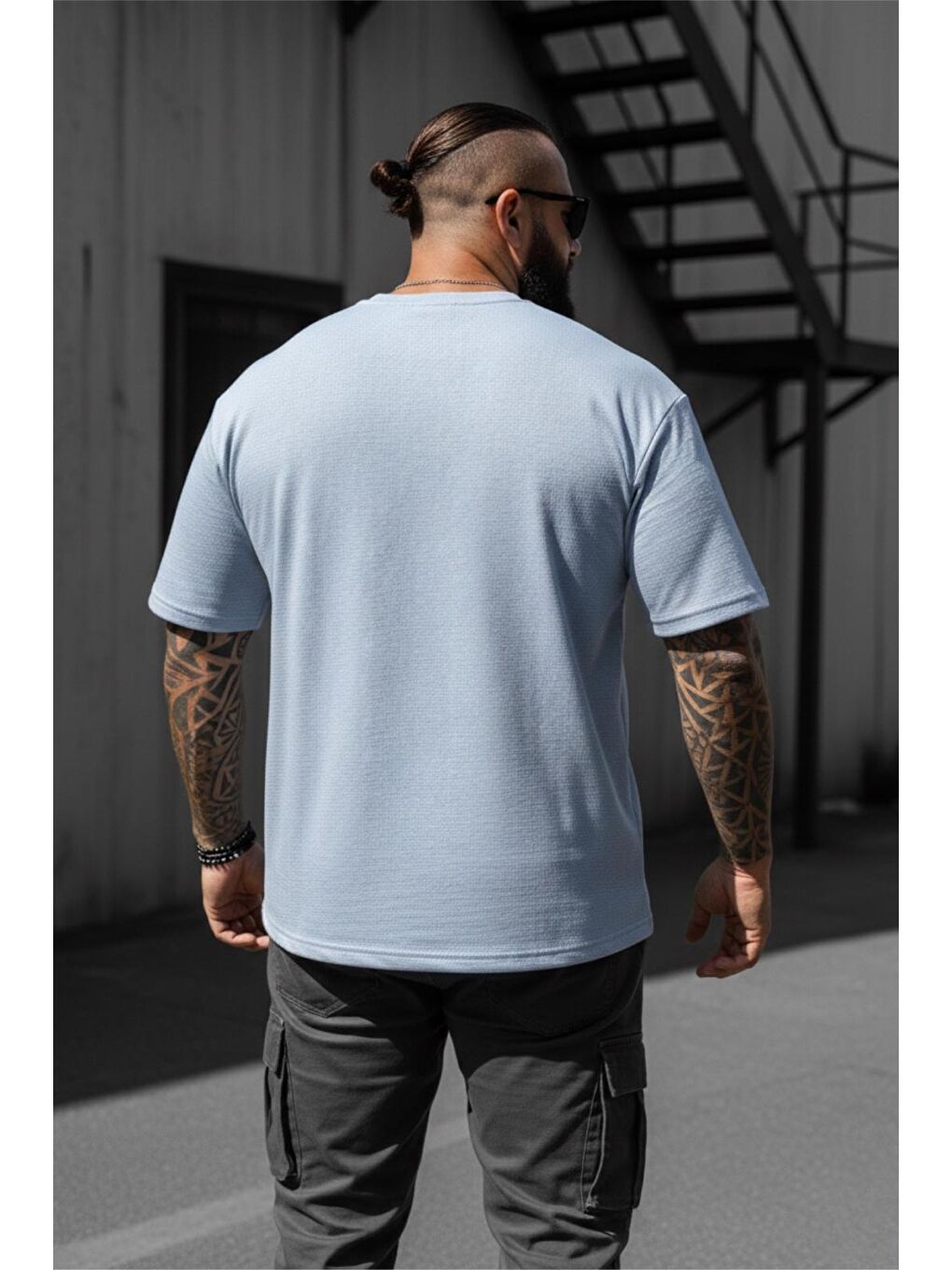 Turkuaz Kabuk Desen Elastanlı Erkek Büyük Beden Gofre (Kabartma) Dokulu T-Shirt-2