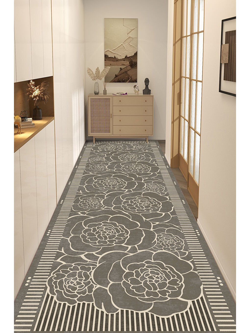 Kahverengi Dekoratif Salon Halısı, Makinada Yıkanabilir, Kaymaz Taban, İnce & Modern Tasarım-3