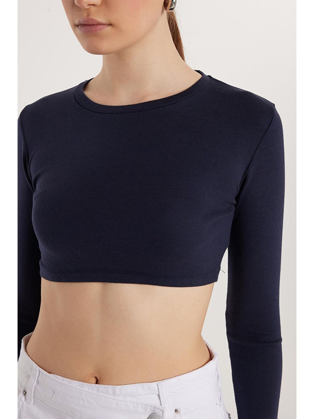 Kadın Slim Fit Modal Kumaş Pamuklu Bisiklet Yaka Lacivert Bluz