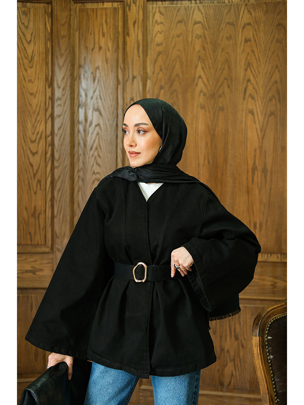 Kadın Bel Bağlamalı Jean Ceket Siyah-1