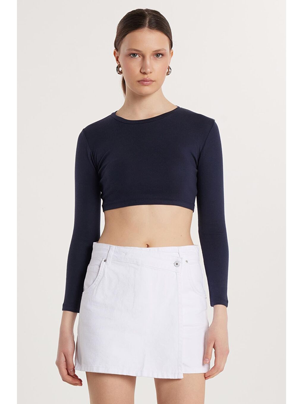 Kadın Slim Fit Modal Kumaş Pamuklu Bisiklet Yaka Lacivert Bluz-1