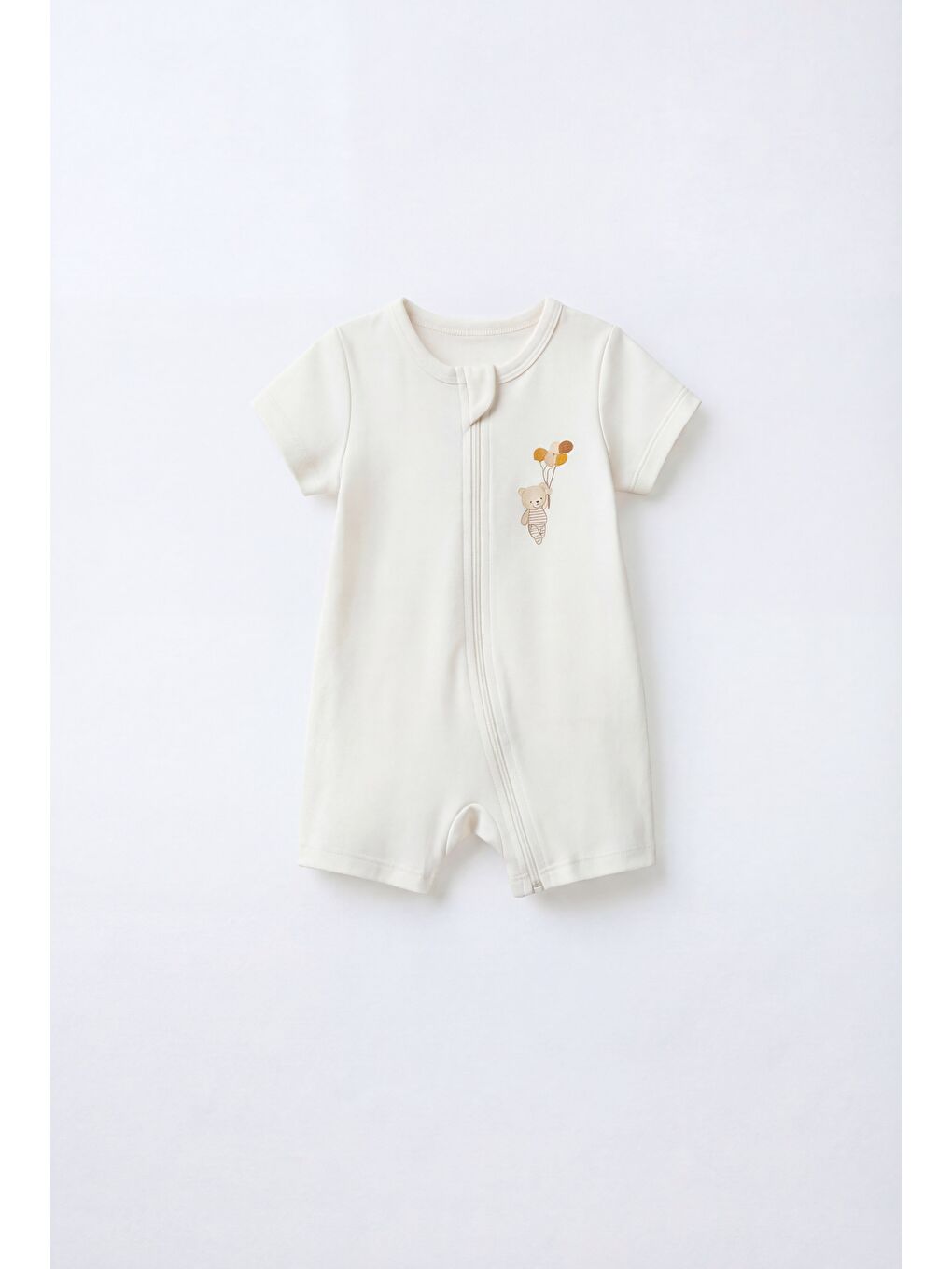 Karışık Unisex Bebek Pamuklu Ekru Kısa Kollu Kısa Tulum - Çıtçıt Kapamalı Ayıcık Baskılı