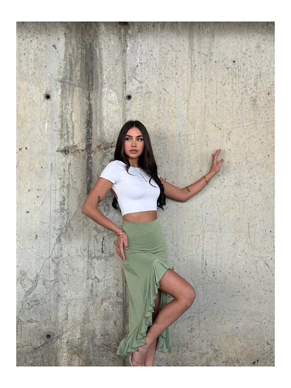 Kadın Yeşil Yüksel Bel Dalgıç Kumaş Asimetrik Kesim Etek HZL25S-ZK11701-4