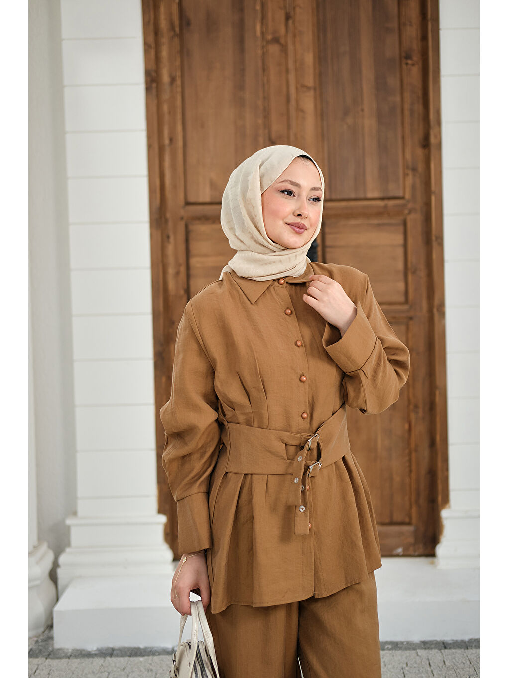 Sarı Kadın Beli Pile Detay İki Kemerli Gömlek Yaka Takım Hardal-2