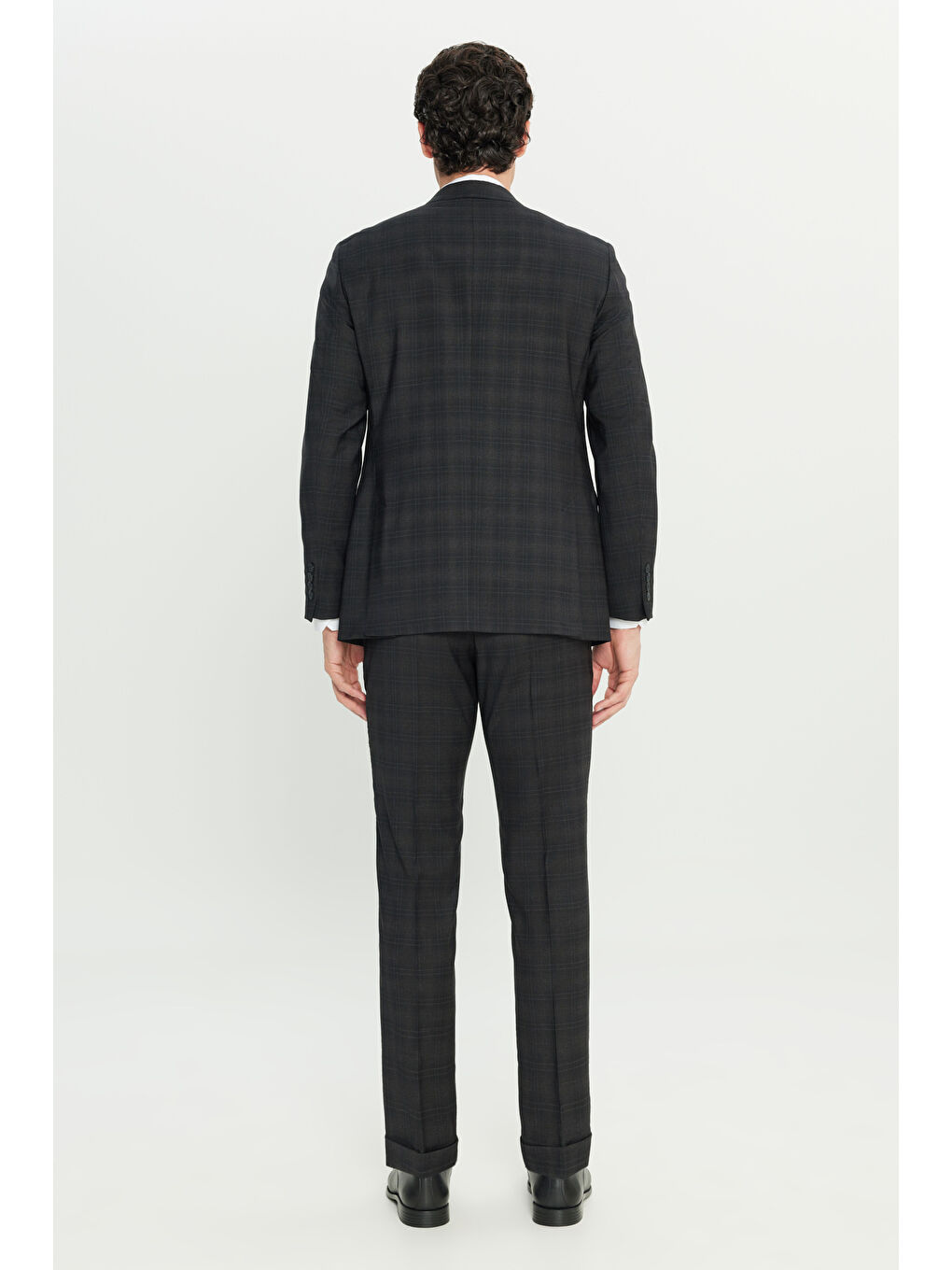 Erkek Siyah %100 Yün Slim Fit Dar Kesim Mono Yaka Kapak Cepli Kareli Takım Elbise-6
