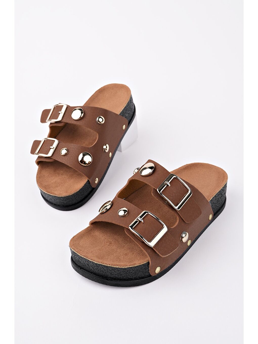 Kahverengi DENİS Çift Bantlı Ayarlanabilir Kemerli Günlük Kadın Terlik-1