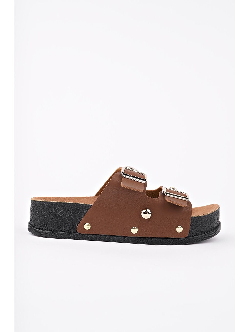 Kahverengi DENİS Çift Bantlı Ayarlanabilir Kemerli Günlük Kadın Terlik-2