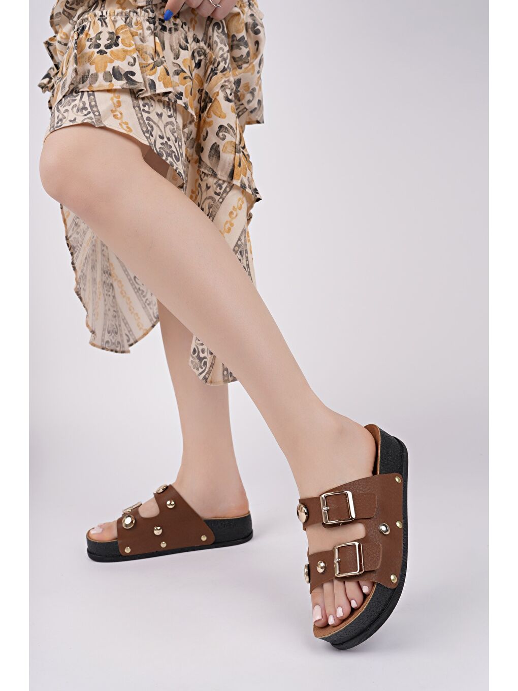 Kahverengi DENİS Çift Bantlı Ayarlanabilir Kemerli Günlük Kadın Terlik-4