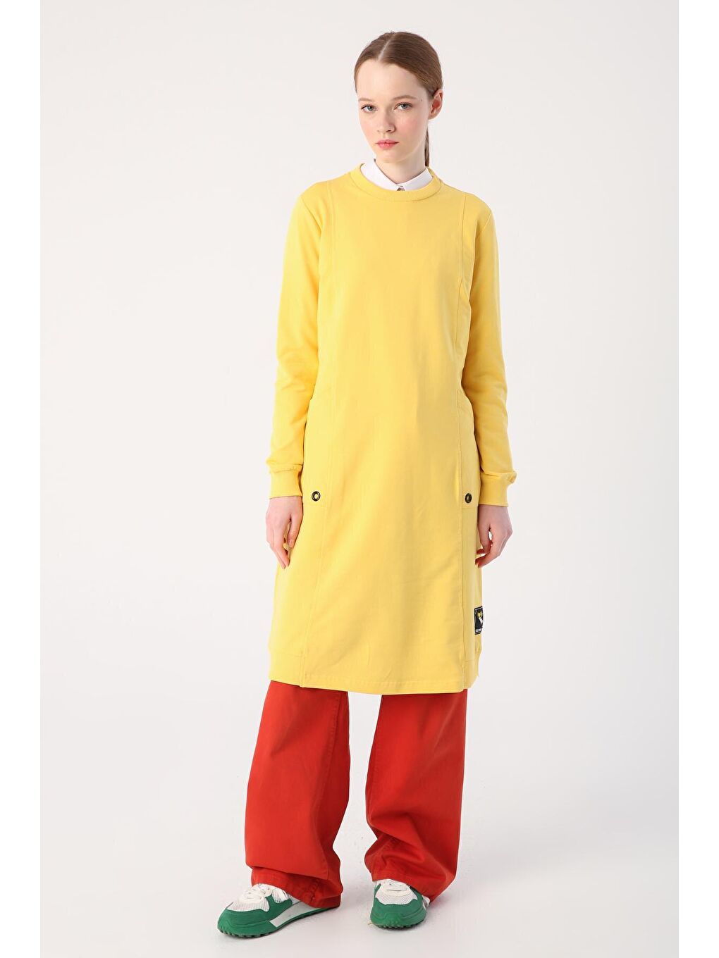 Sarı Kuşgözü Detaylı Cepli Sweat Tunik-1