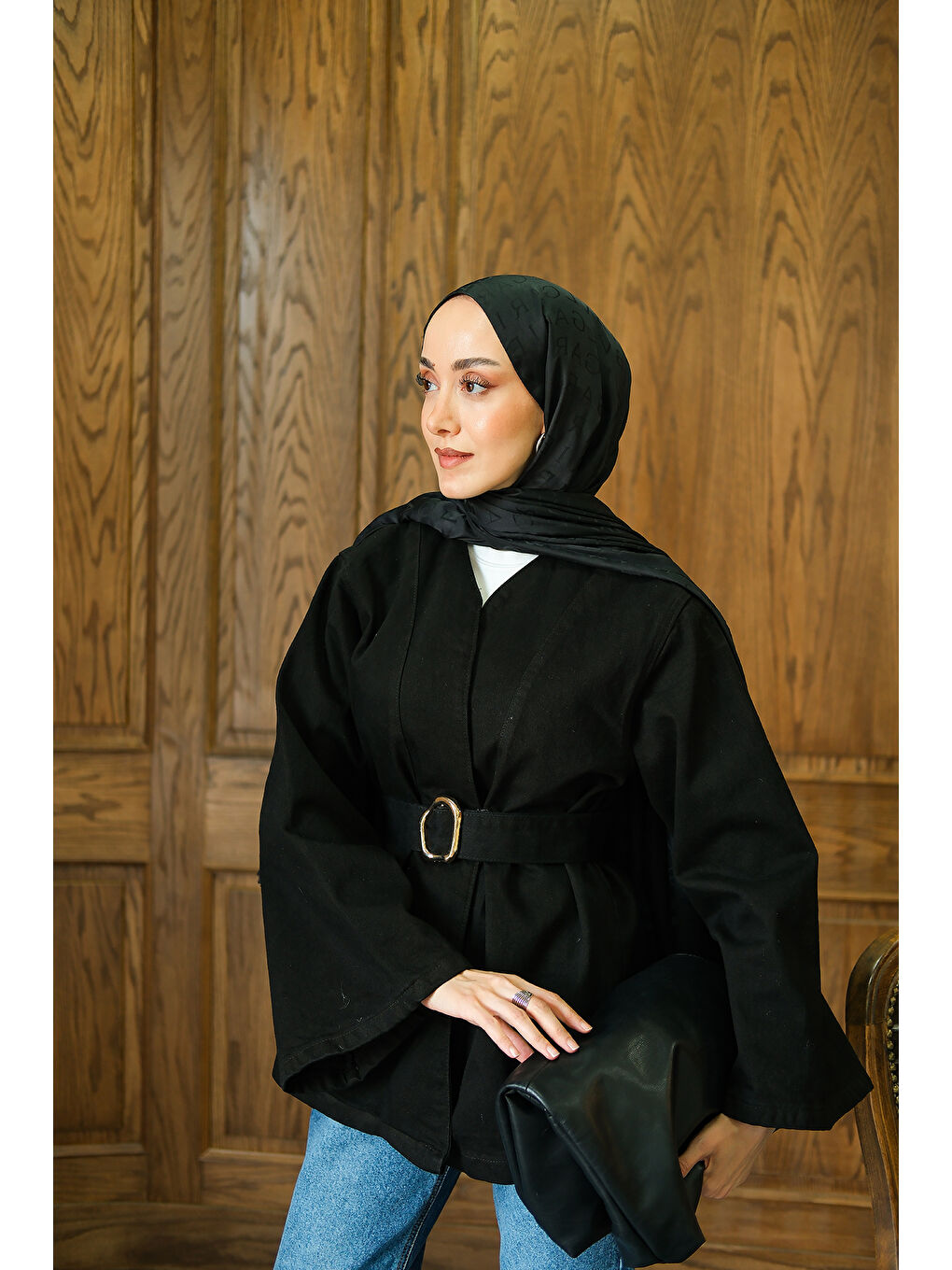 Kadın Bel Bağlamalı Jean Ceket Siyah-2