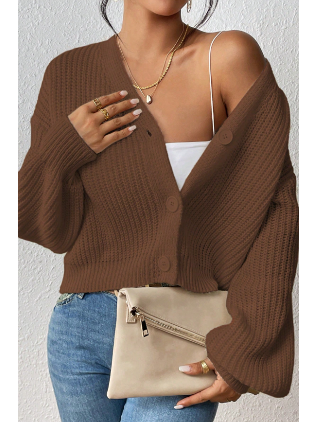 Kadın Kahverengi V Yaka  Uzun Kollu Düğmeli Triko Hırka-1