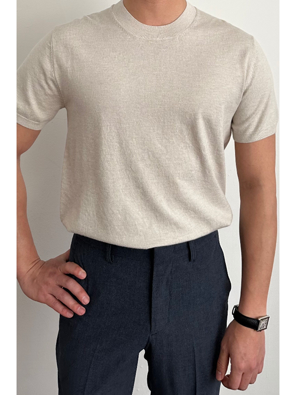 Erkek Bej Slim Fit Bisiklet Yaka Triko T-Shirt-1