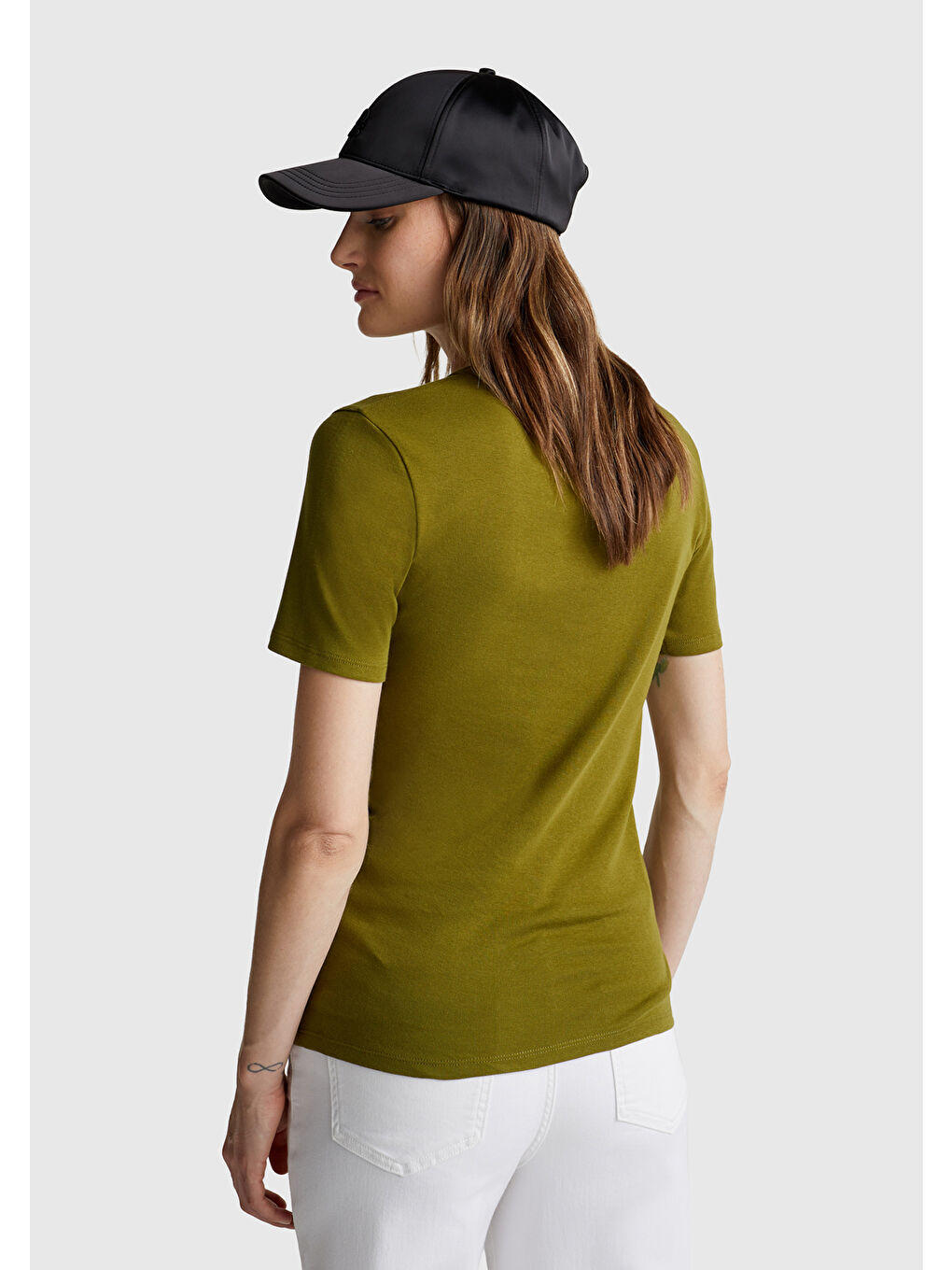 Kadın Haki Yeşili %100 Pamuk Benetton Yazılı Basic T-Shirt-2