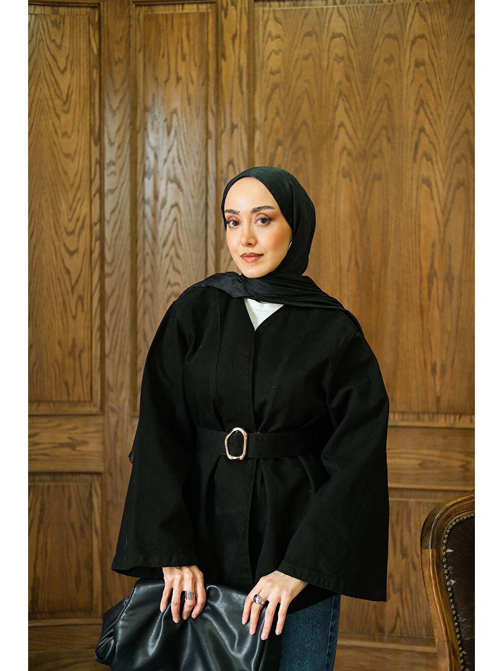 Kadın Bel Bağlamalı Jean Ceket Siyah-3