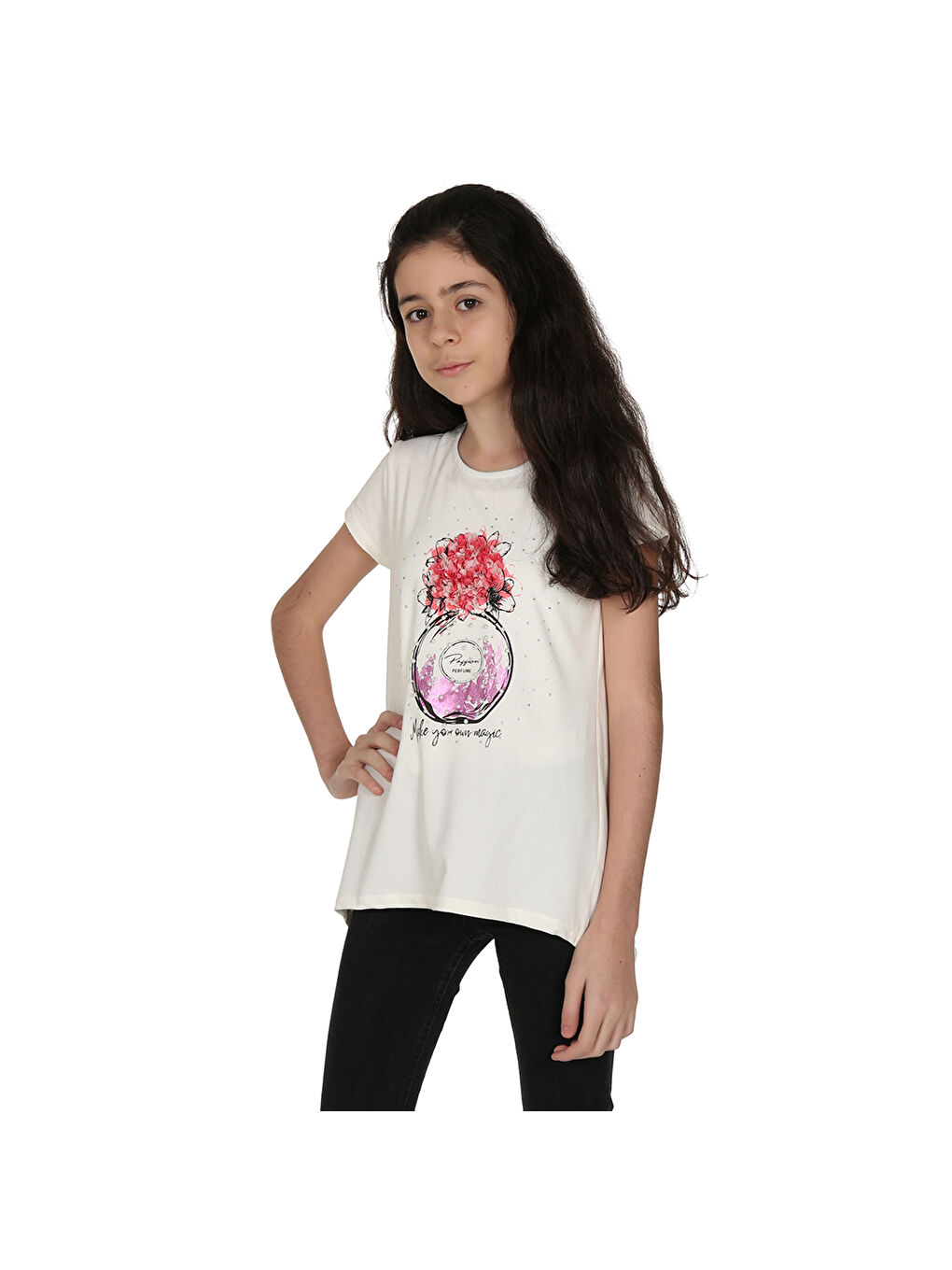 Ekru Kız Çocuk Parfüm Nakışlı T-Shirt