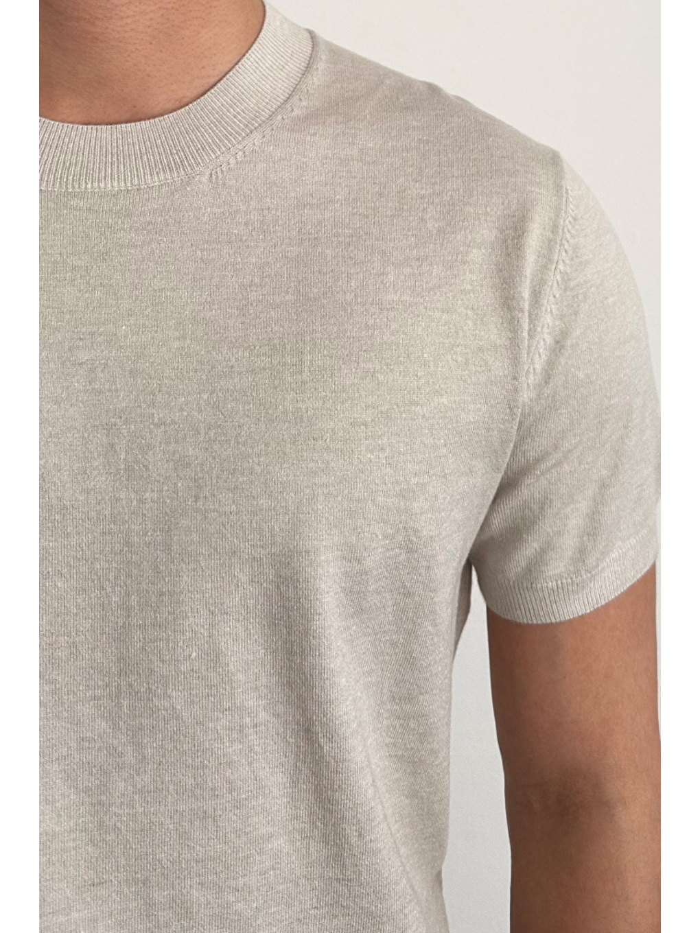 Erkek Bej Slim Fit Bisiklet Yaka Triko T-Shirt-3