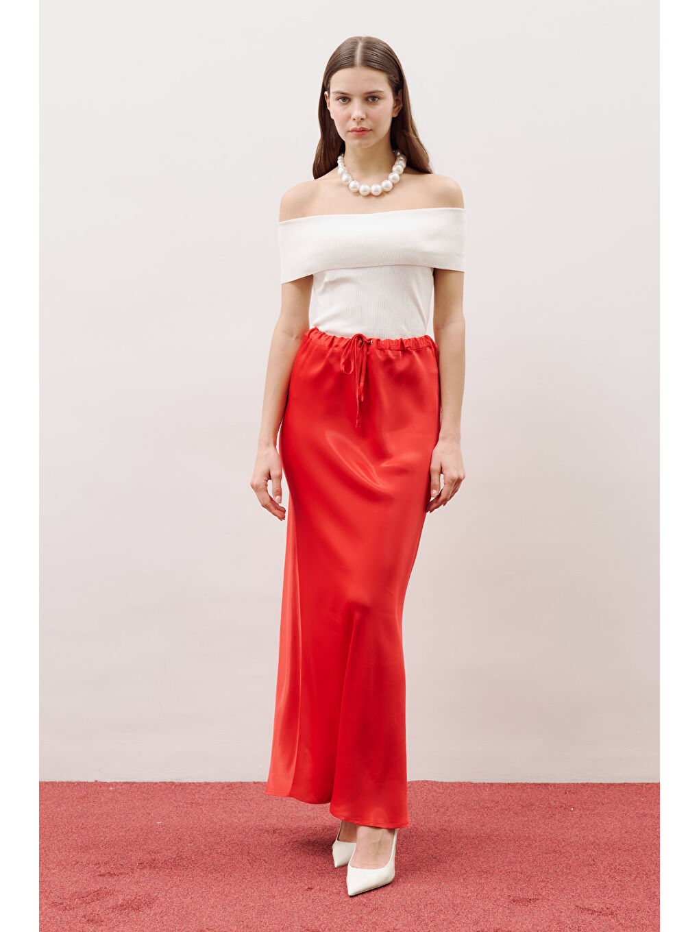Bel Ayarlamalı Saten Etek Kırmızı