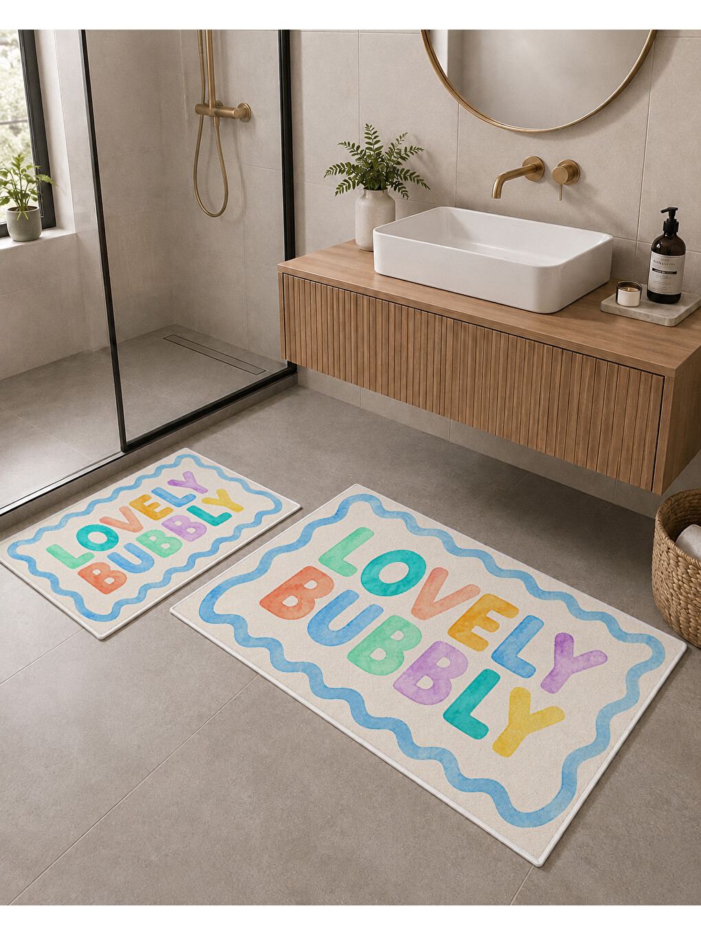 Karışık Lovely Bubble Yazılı Kaymaz Taban Banyo Paspası 2’li Set Renkli Modern Banyo Halısı-7