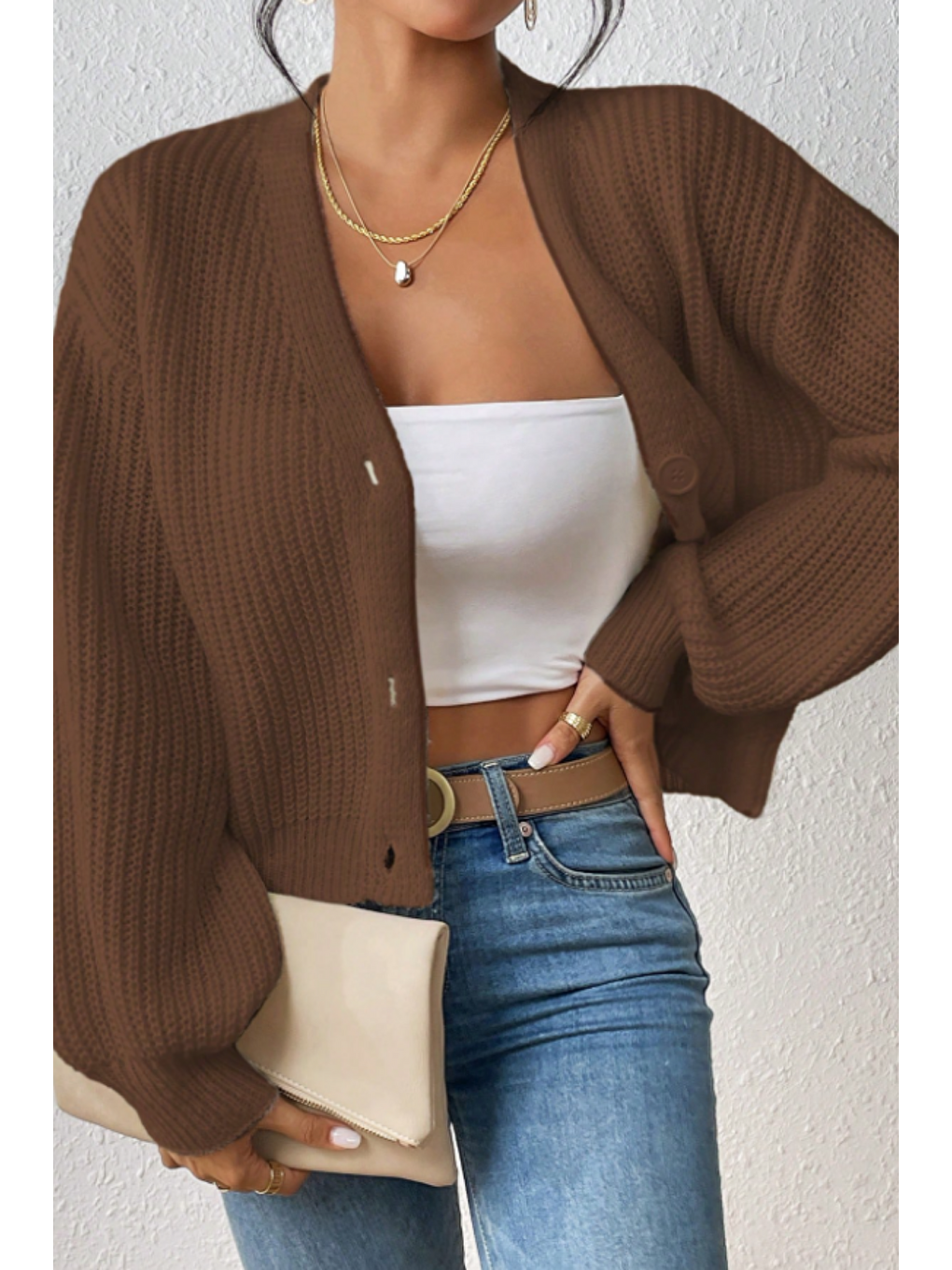Kadın Kahverengi V Yaka  Uzun Kollu Düğmeli Triko Hırka-2