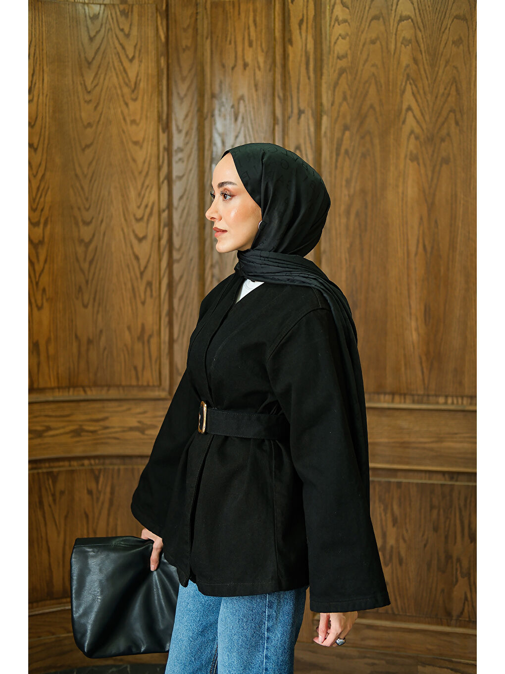 Kadın Bel Bağlamalı Jean Ceket Siyah-4