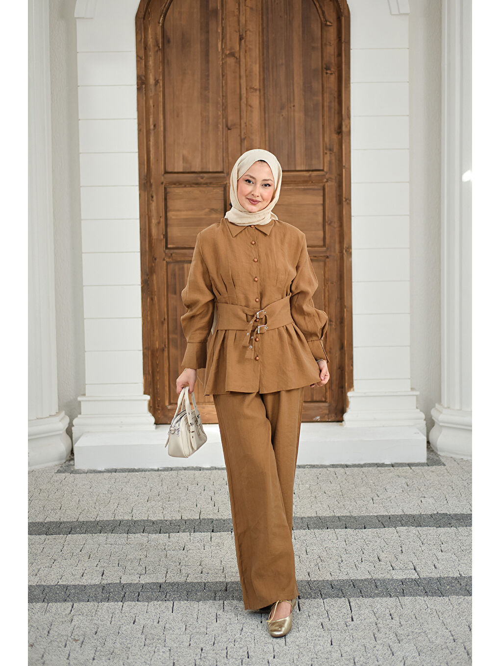 Sarı Kadın Beli Pile Detay İki Kemerli Gömlek Yaka Takım Hardal-4